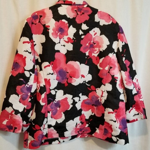 Alfred Dunner Pink White Red Floral roses jacket 3/4 length mandarin Size 16 New - Picture 4 of 8